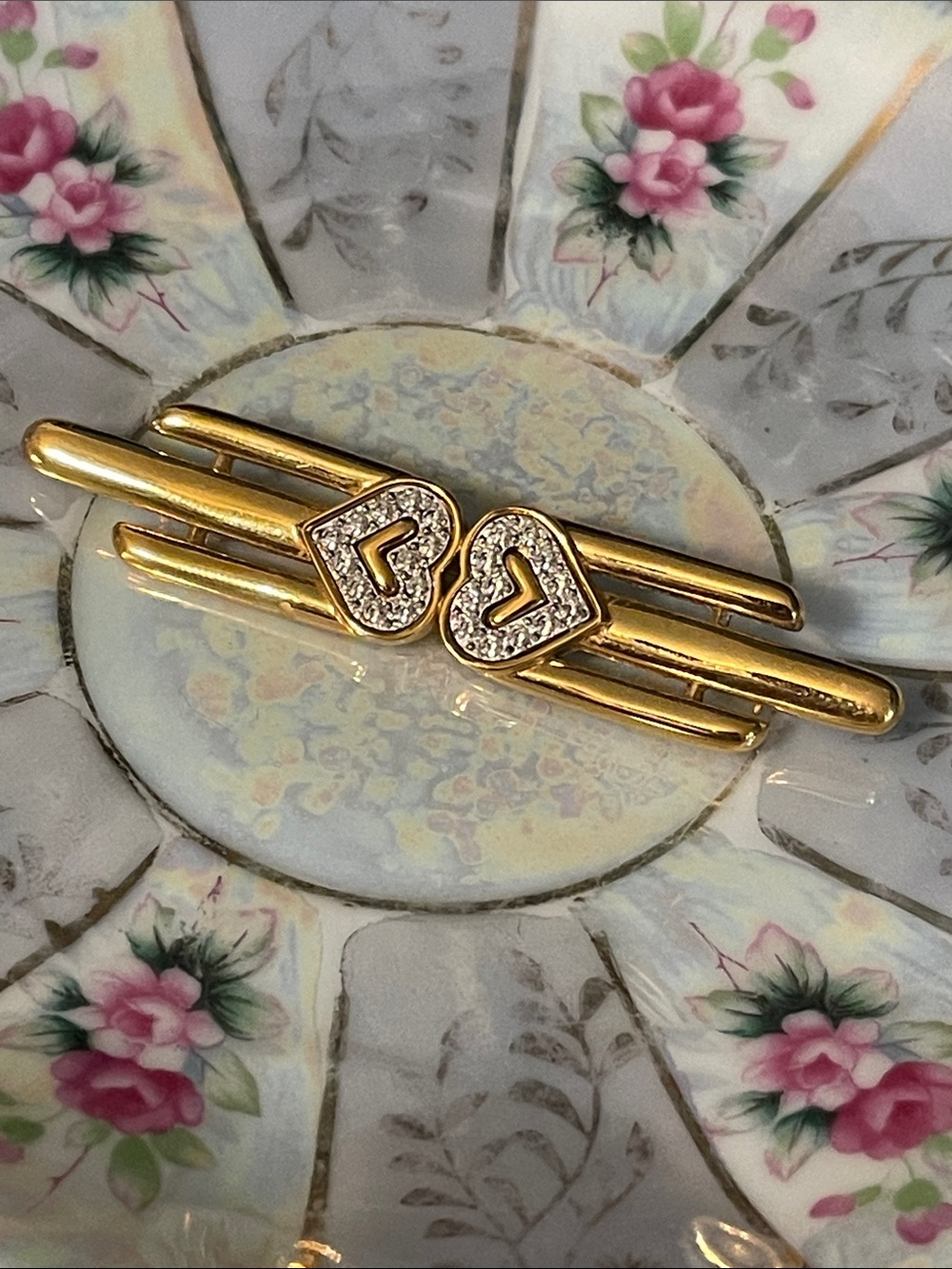 1980’s Monet Gold Plated Art Deco-Style Double Heart Bar Brooch